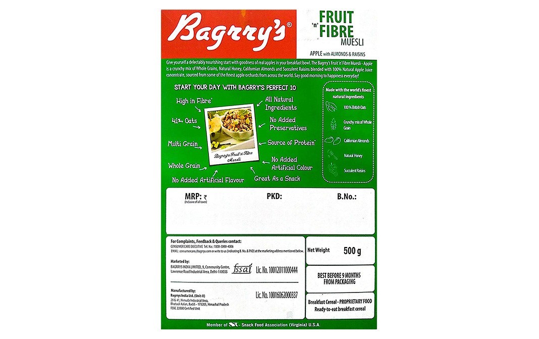 Bagrry's Fruit 'n' Fibre Muesli Apple with Almonds & Raisins   Box  500 grams
